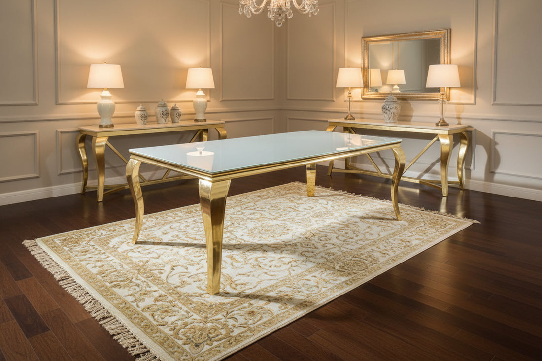 Table à manger BAROQUE 6 à 8 couverts 180x90 cm pieds gold plateau en verre blanc