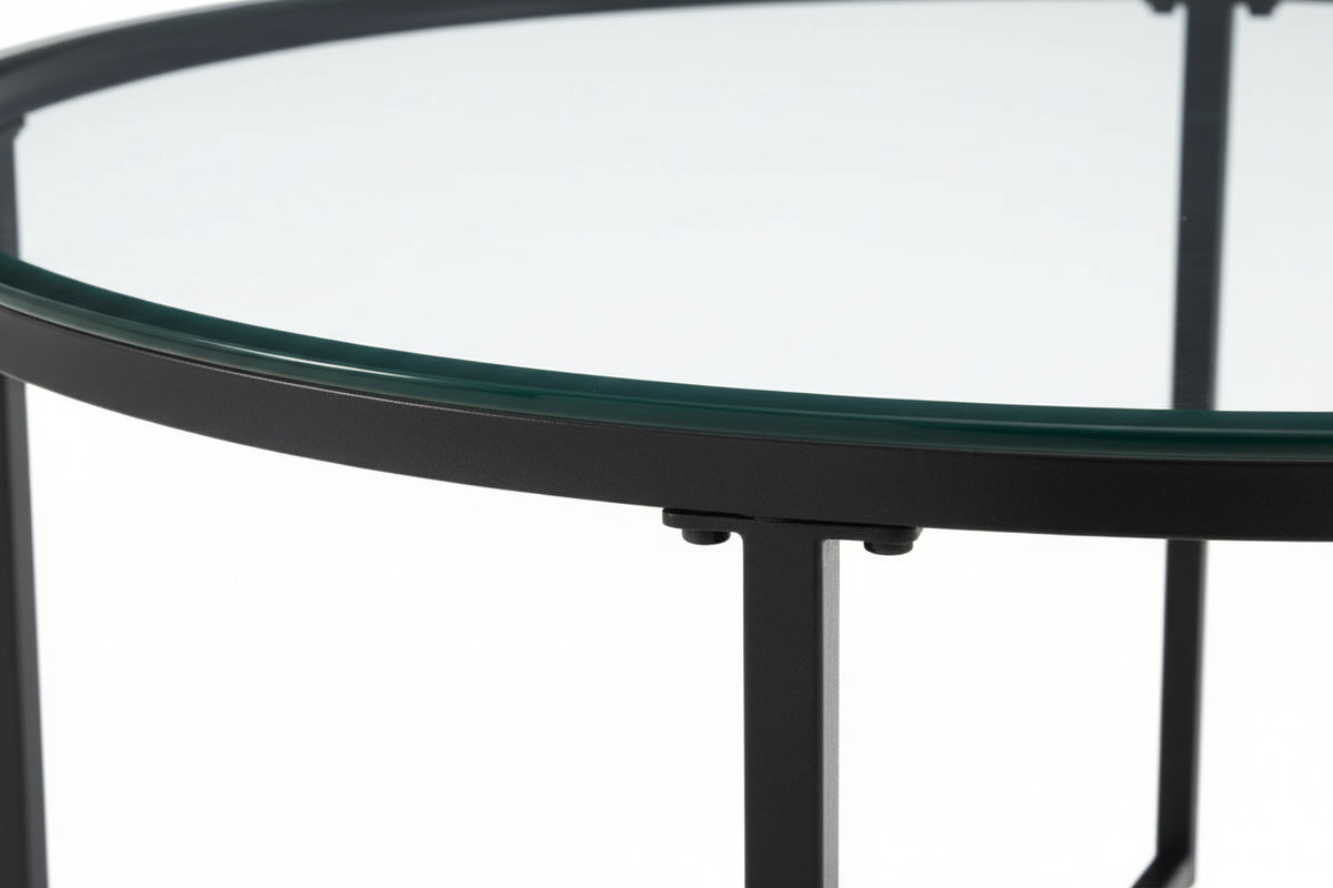 Table Basse LORIE Ronde Plateau Verre Trempé Transparent Structure Métal Noir D90x45cm