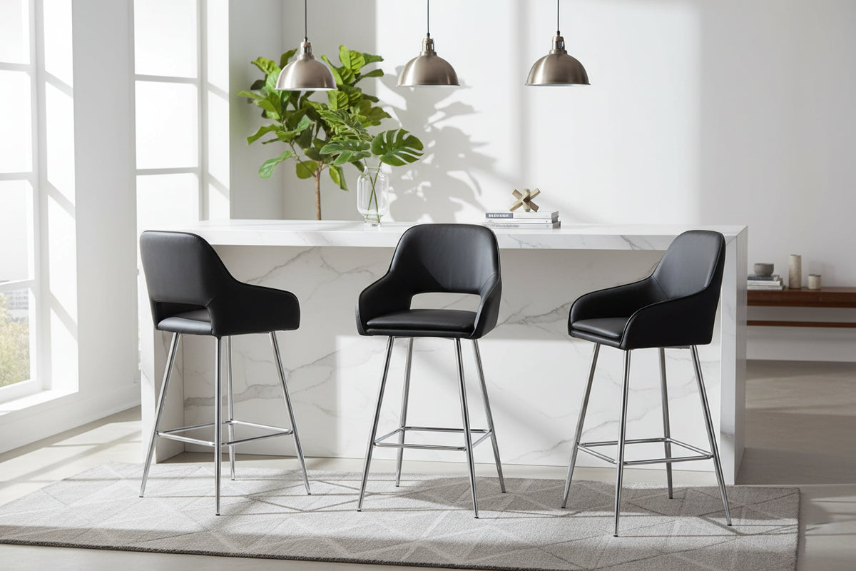 Lot 2 Tabourets de Bar Velours Noir Chrome 47x41x104 cm ATHENA
