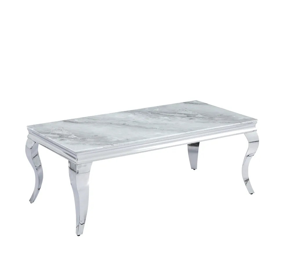 Table Basse BAROQUE Rectangle Plateau Verre Trempé Marbré Gris Pieds Chrome 120x60x45cm