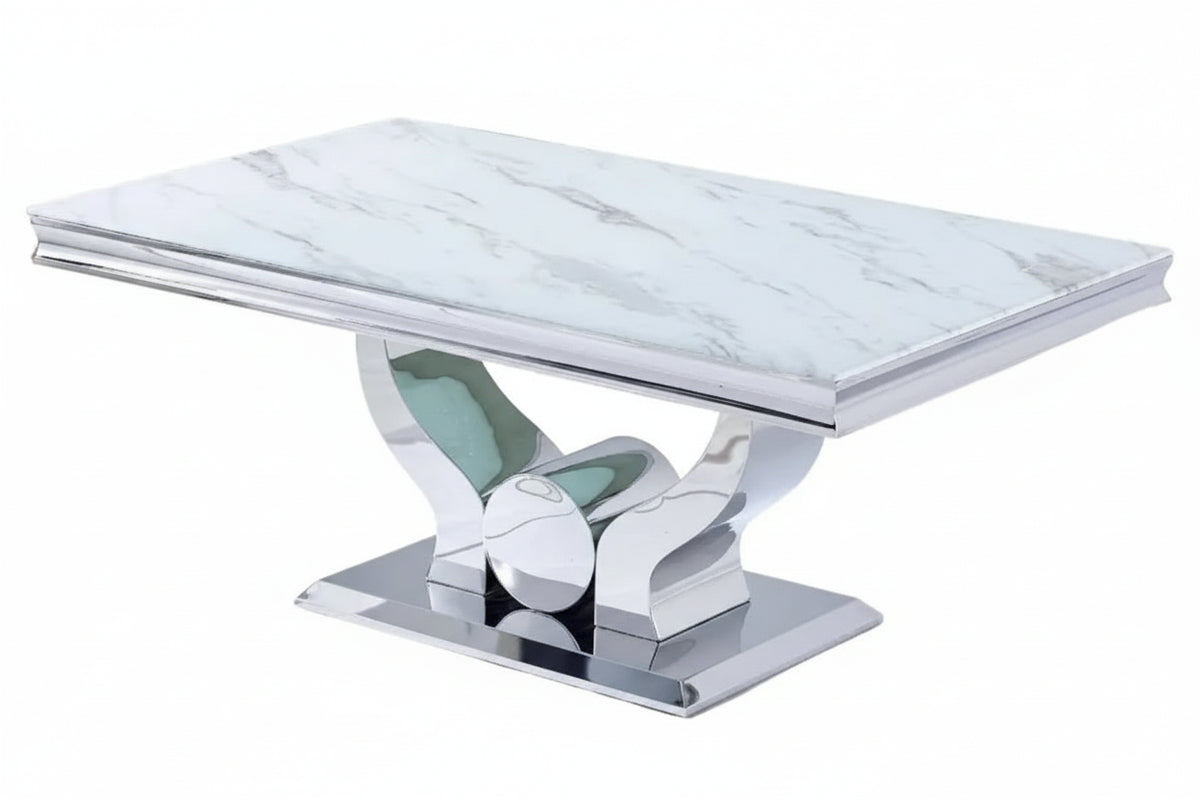 Table Basse Chrome plateau effet Marbré Blanc 120x70 cm TROFY