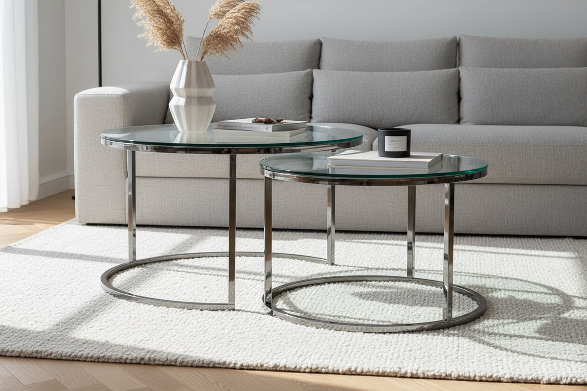 Lot de 2 tables Basses Gigogne ARTO inox et plateau en verre TRANSPARENT