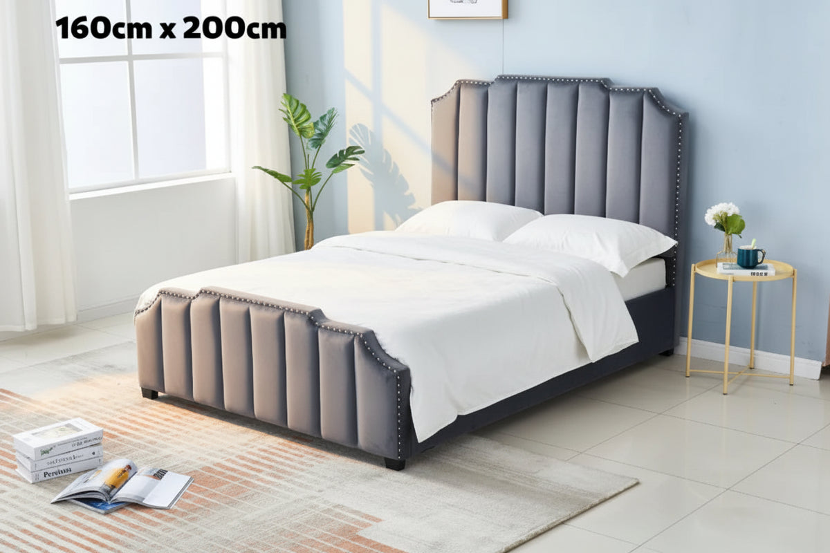 Lit adulte PEPPER 2 places 160x200 cm velours gris clouté sommier inclus