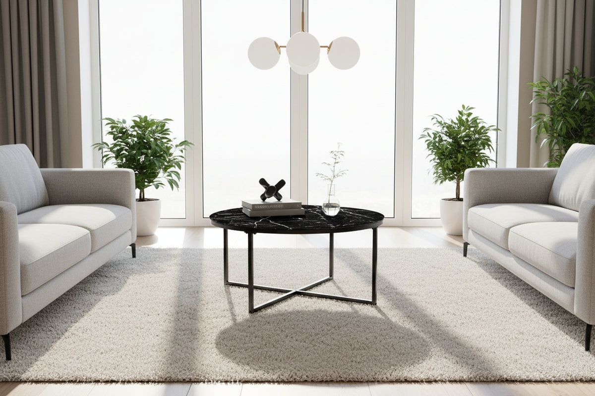 Table Basse LORIE Ronde Plateau Verre Trempé Marbré Noir Structure Métal Noir D90x45cm