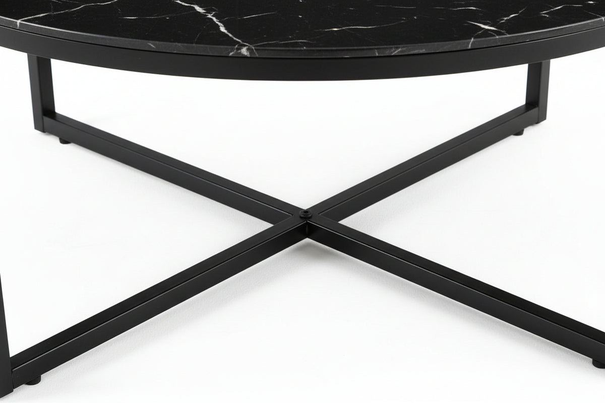 Table Basse LORIE Ronde Plateau Verre Trempé Marbré Noir Structure Métal Noir D90x45cm
