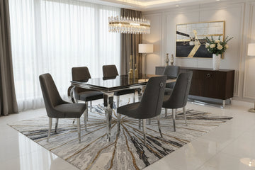 Table à manger BAROQUE 4 à 6 couverts pieds chrome plateau en verre 150x90 cm effet marbré noir