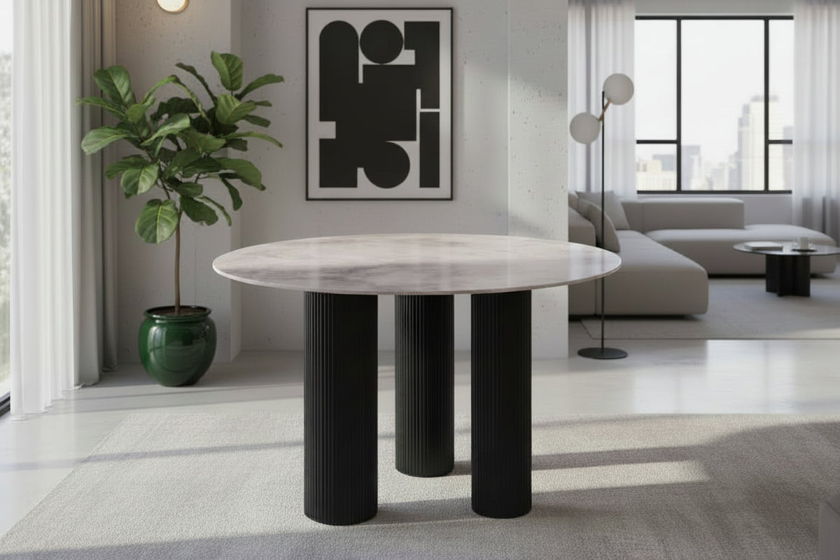 Table repas ronde céramique marbré gris 120 cm pieds noirs – ANAIS