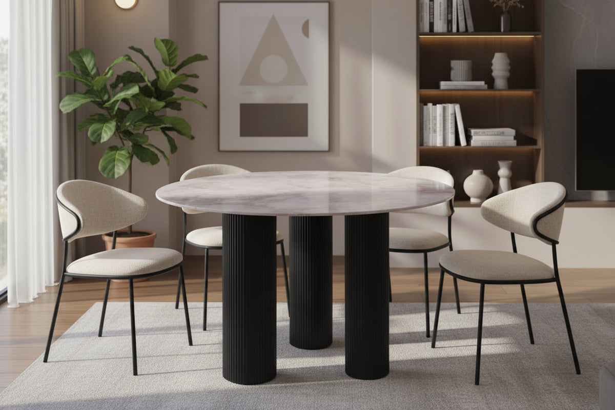 Table repas ronde céramique marbré gris 120 cm pieds noirs – ANAIS