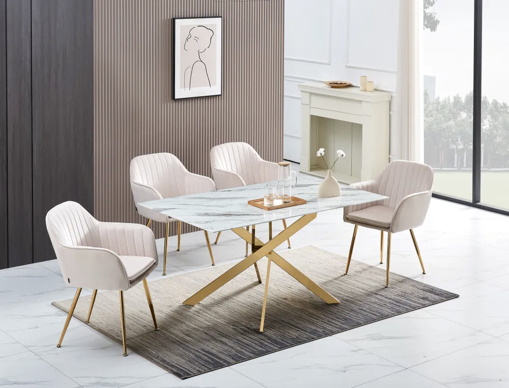 Table Repas JESSICA Gold et plateau en verre 150 cm 4 à 6 couverts - Effet marbré blanc