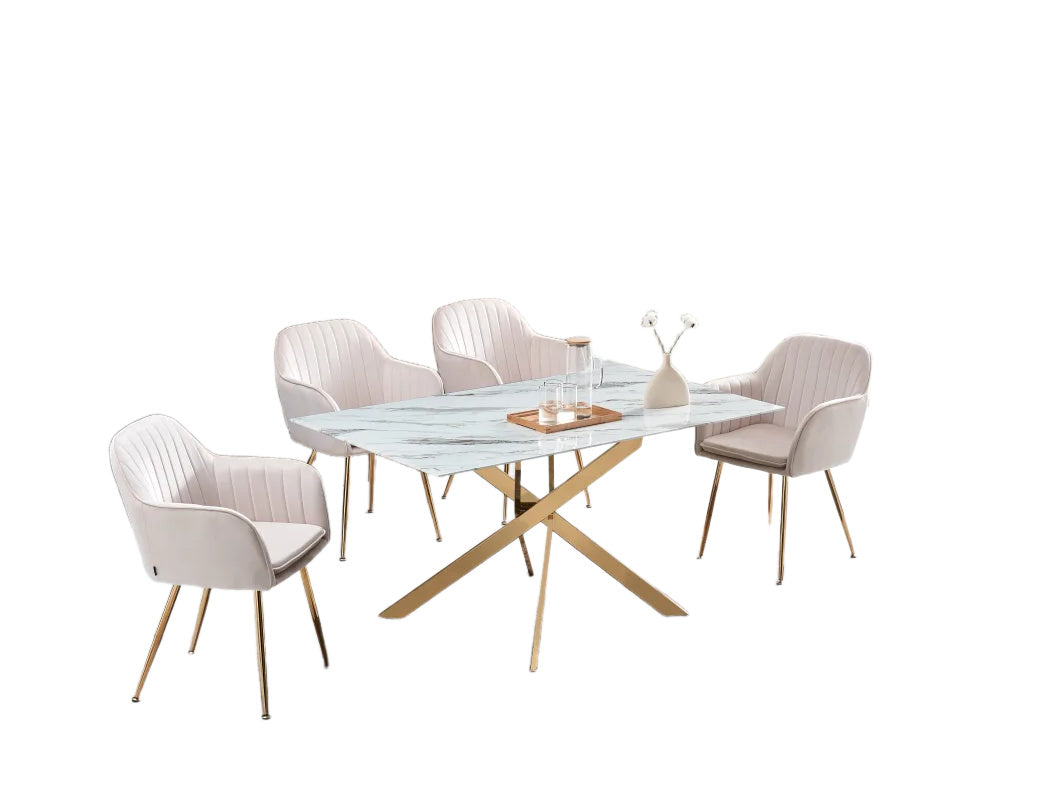 Table Repas JESSICA Gold et plateau en verre 150 cm 4 à 6 couverts - Effet marbré blanc