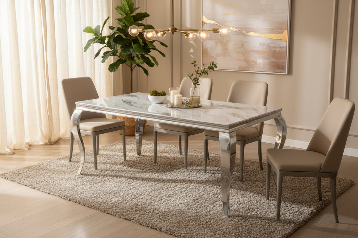 Table à manger BAROQUE 4 à 6 couverts pieds chrome plateau en verre 150x90 cm #couleur_blanc