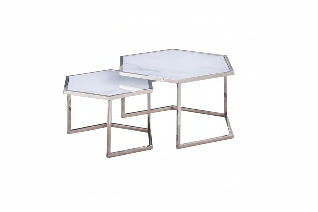 Lot 2 tables basses gigognes verre blanc 60cm HEXAGONA