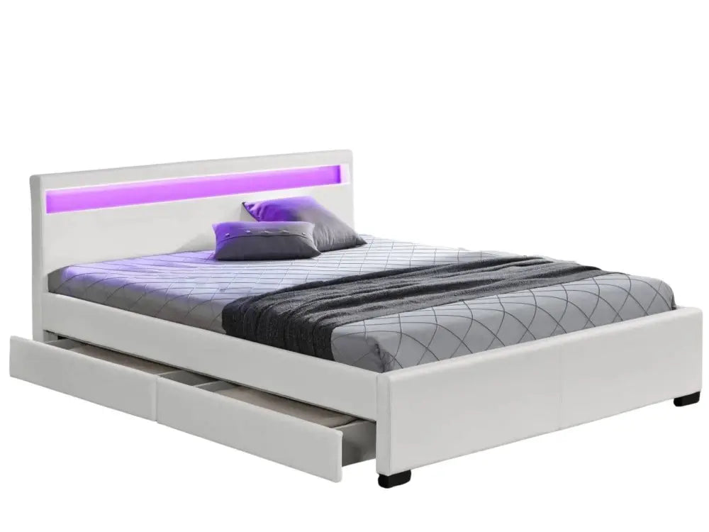 Lit 2 places 140x190 cm TIROIRS et LED sommier inclus #couleur_blanc