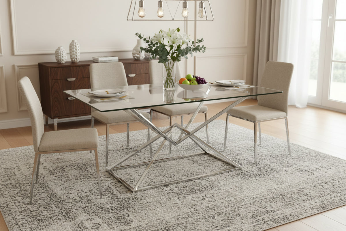 Table à Manger Rectangulaire Verre Transparent - Pieds Chrome – 180×90×75 cm – PYRAMIDE