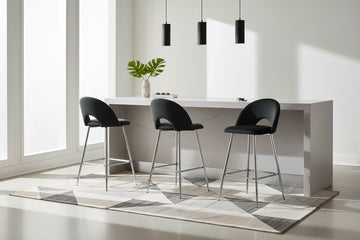 Lot 2 Tabourets de Bar Teddy Velours Noir Pieds Chrome 47x36x98cm