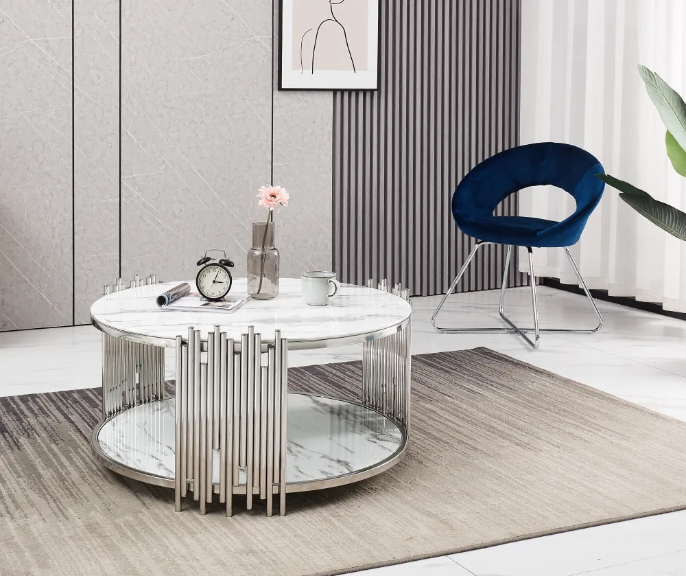 Table Basse ronde STICK Chrome et plateau en verre MARBRE BLANC D90 H45 cm