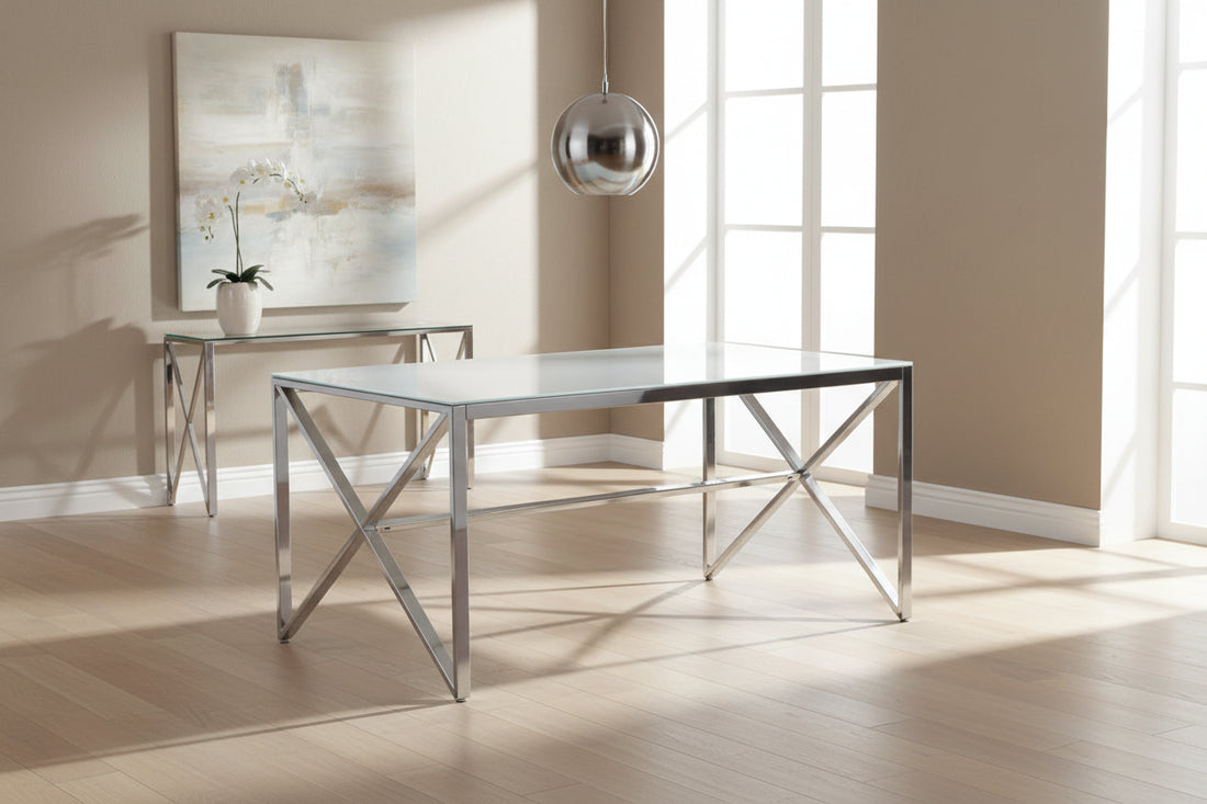 Table à manger MAJESTIQUE Chrome Plateau en verre trempé #couleur_marbré-blanc