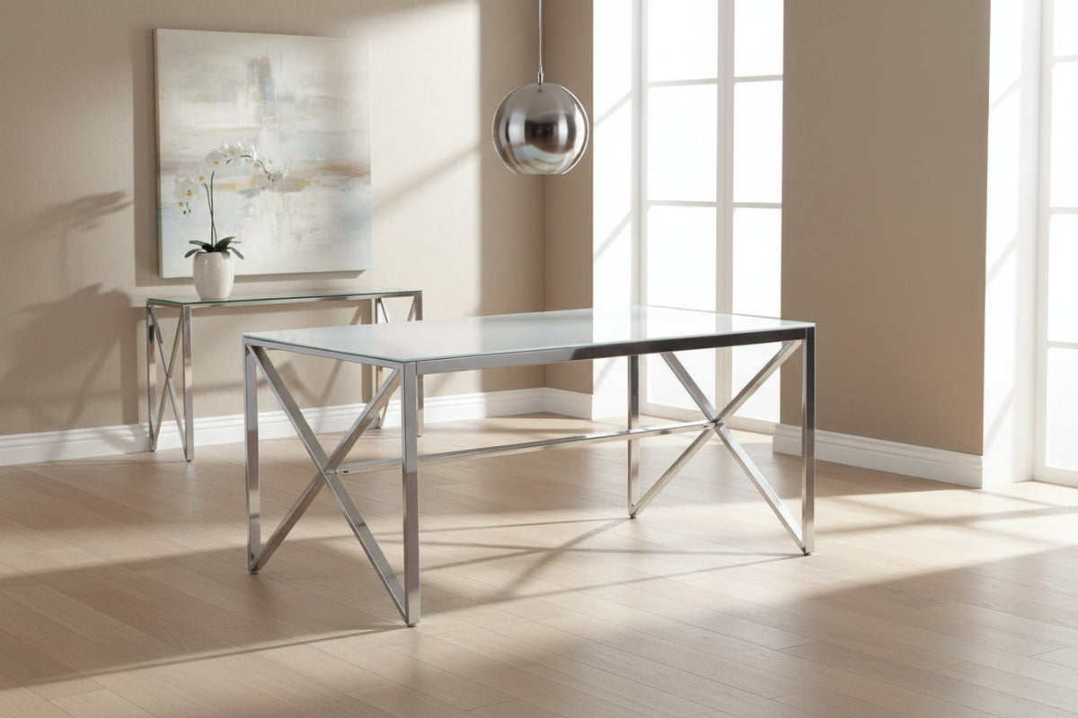 Table à Manger Chrome Verre Trempé Marbré Blanc – 150×90 cm – MAJESTIQUE