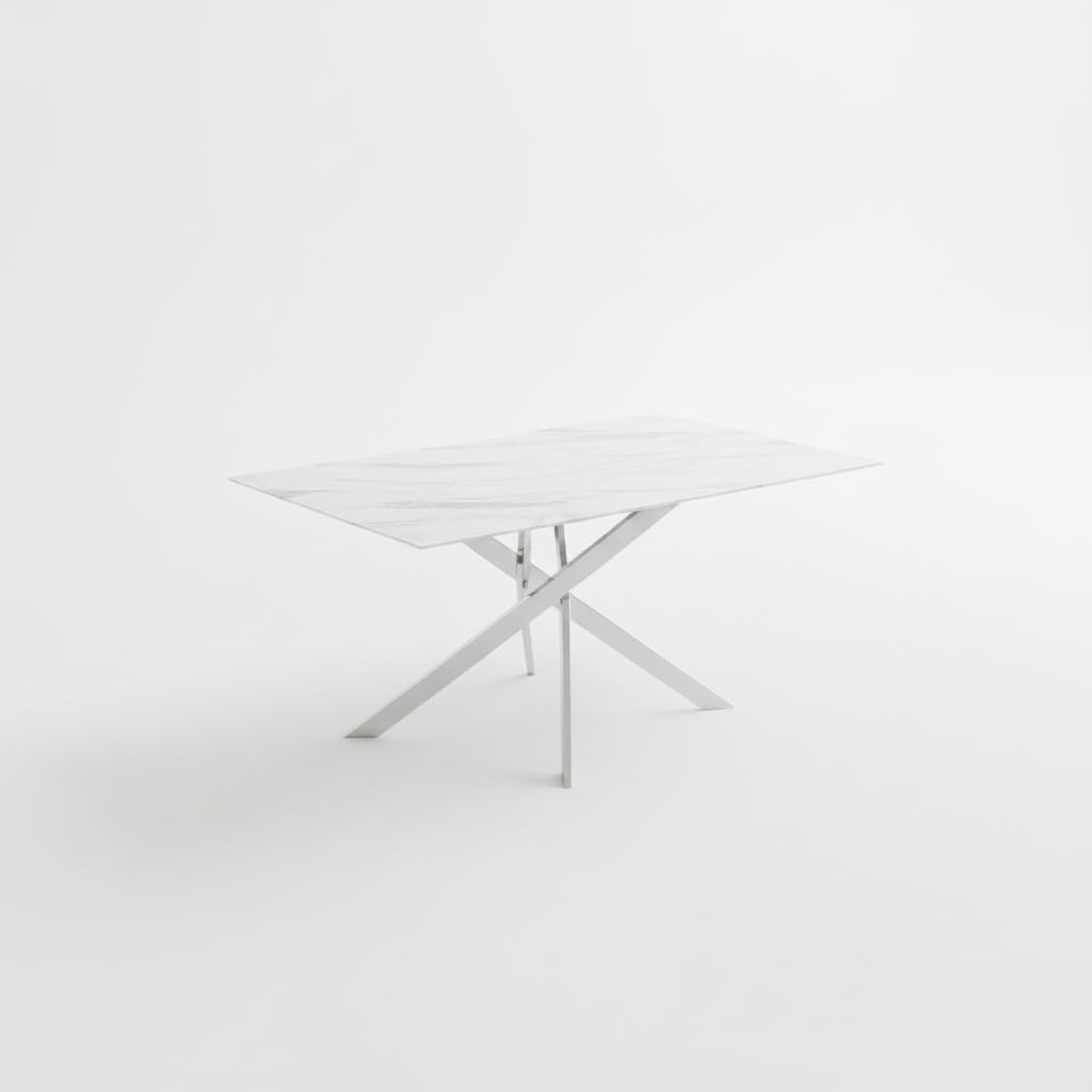 Table Repas JESSICA XXL Chrome et plateau en verre MARBRE BLANC 180 cm 6 à 8 couverts