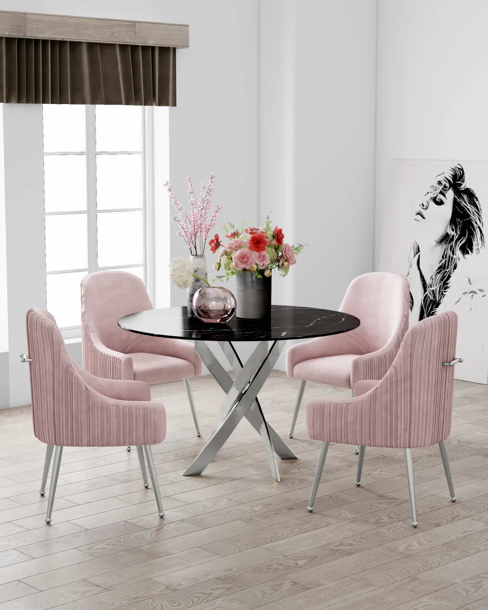 Table à manger ronde JESSICA chrome 100 cm 4 couverts #couleur_marbré-noir
