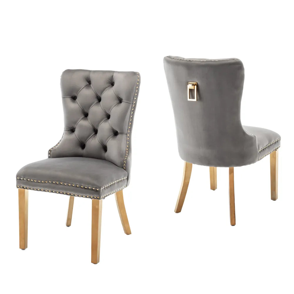 Lot de 2 chaises POIGNEE Clouté en velours pied Gold #couleur_anthracite