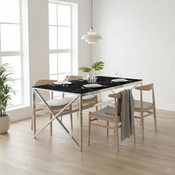 Table à Manger Chrome Verre Trempé Marbré Noir – 150×90 cm – MAJESTIQUE