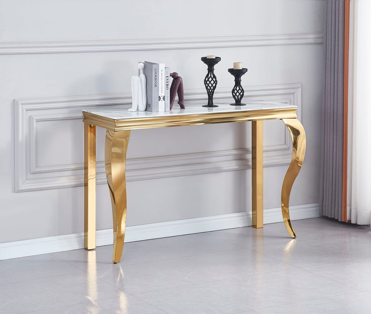 CONSOLE BAROQUE GOLD VERRE MARBRE BLANC 120X40X78