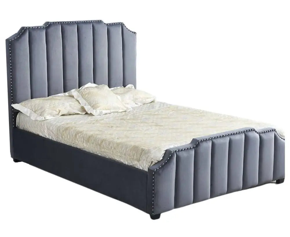 Lit adulte PEPPER 2 places 160x200 cm velours gris clouté sommier inclus