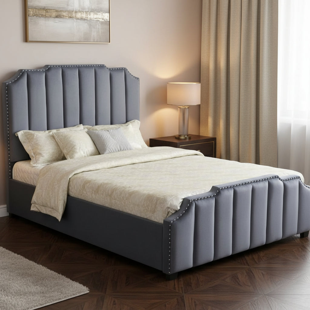 Lit adulte PEPPER 2 places 160x200 cm velours gris clouté sommier inclus
