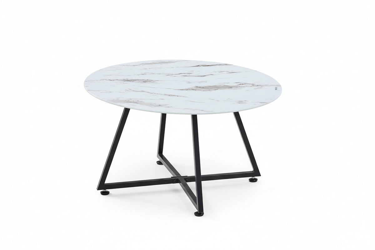Table Basse Ronde HELOISE Métal Noir Plateau Céramique Effet Marbre Blanc D80xH45cm