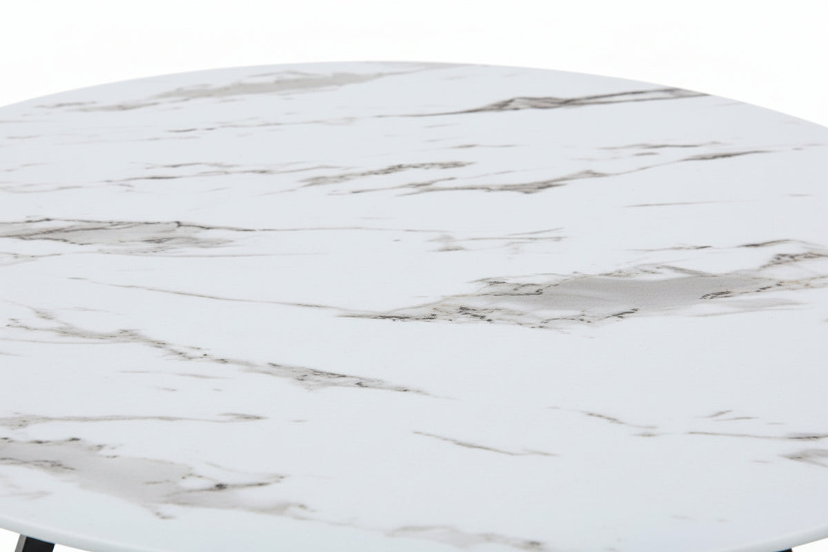 Table Basse Ronde HELOISE Métal Noir Plateau Céramique Effet Marbre Blanc D80xH45cm