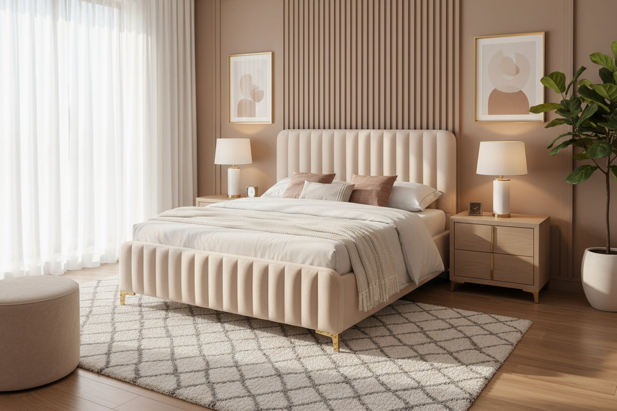 Lit 2 places FAYE design velours Beige sommier inclus 140x190 cm