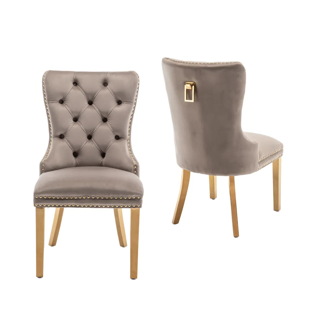 Lot de 2 chaises POIGNEE Clouté en velours pied Gold #couleur_moka