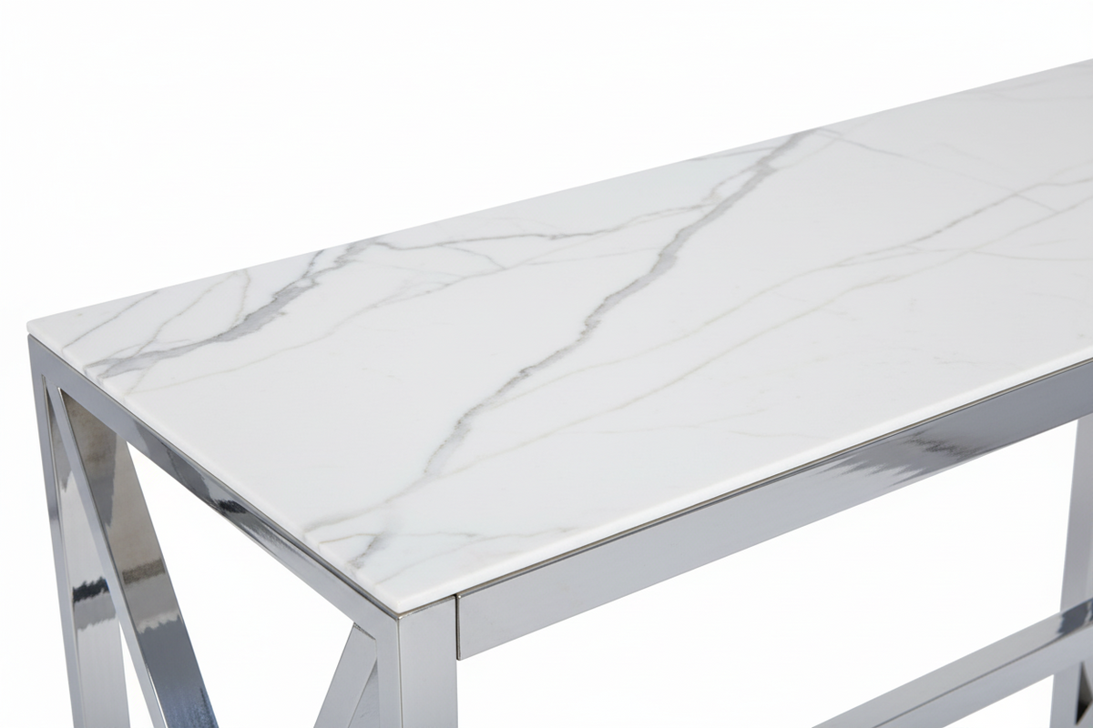 Console métal chrome lignes cintrées plateau effet marbre 120cm MAJESTIQUE