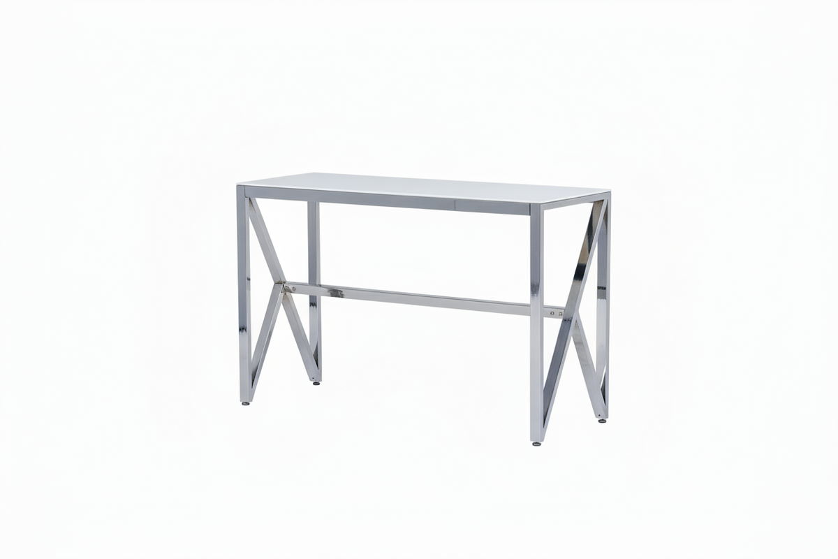 Console métal chrome lignes cintrées plateau effet marbre 120cm MAJESTIQUE