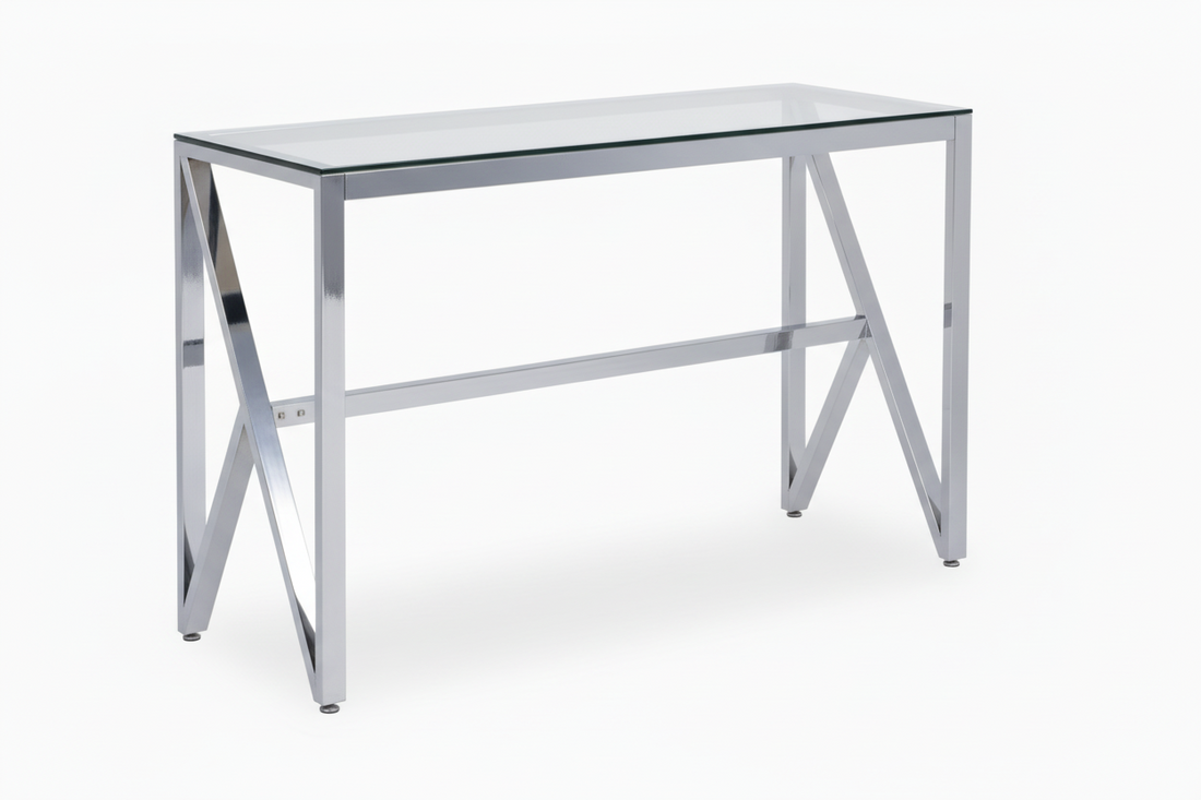 Console métal chrome verre transparent 120x40x78 cm MAJESTIQUE