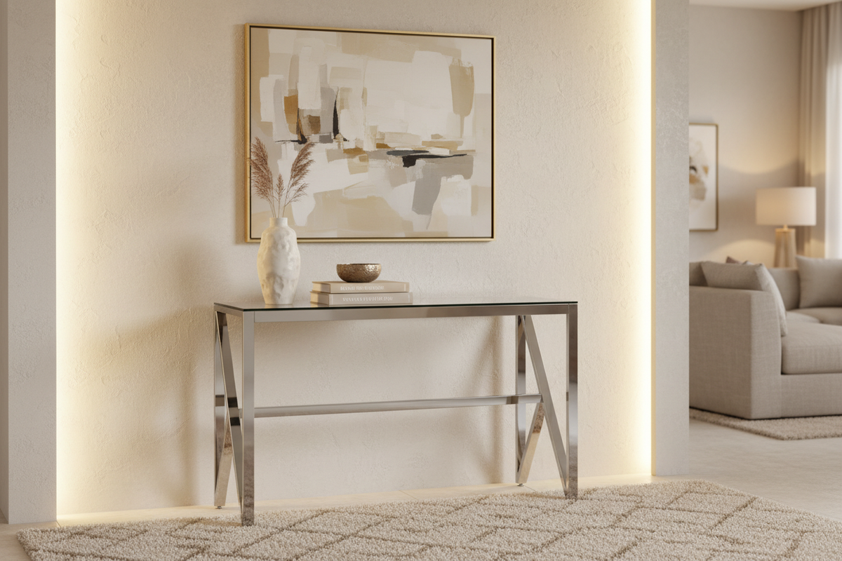 Console métal chrome verre transparent 120x40x78 cm MAJESTIQUE