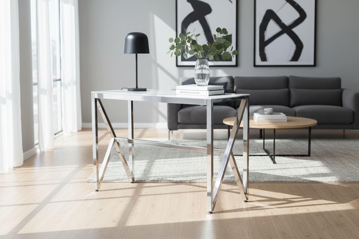 Console métal chrome lignes cintrées plateau effet marbre 120cm MAJESTIQUE