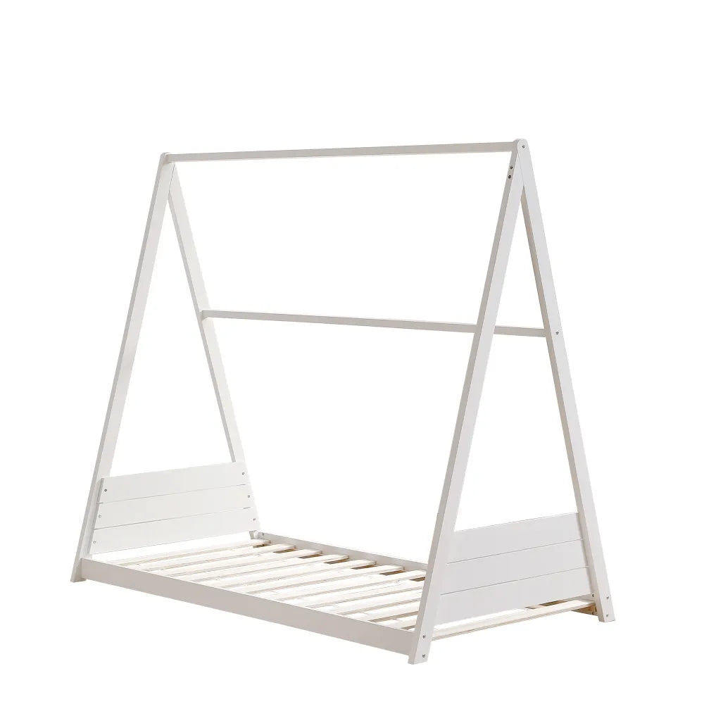 Lit cabane Montessori enfant 90x190 cm pin massif sommier inclus TIPI – Blanc