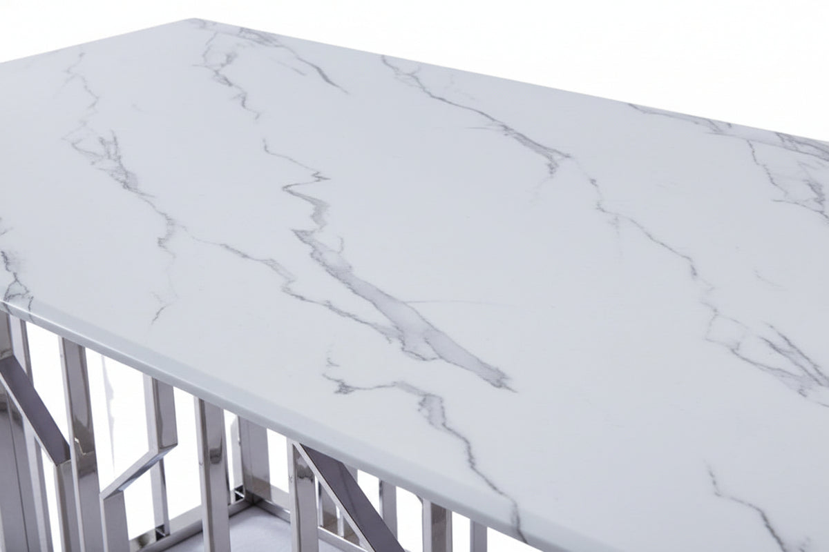 Table Basse PORTOFINO Plateau Verre Trempé Effet Marbré Blanc Pieds Chrome 120x70x45cm