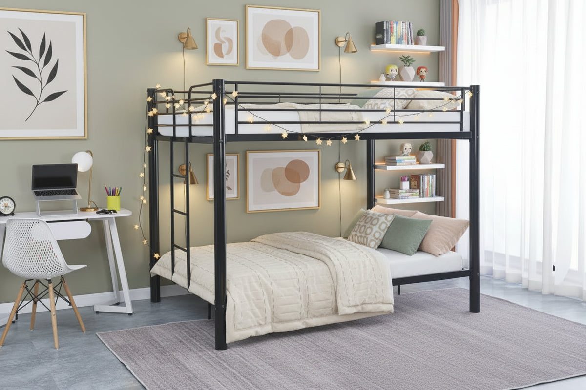Lit superposé 4 places métal noir 2x140x190 cm sommier inclus COLOSSE