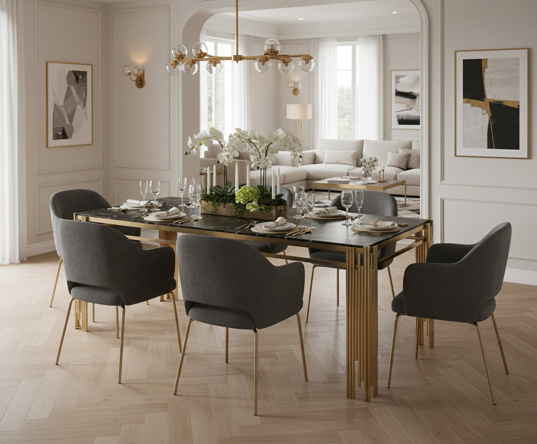 Table à manger FLUTE Gold Plateau en verre #couleur_marbré-noir
