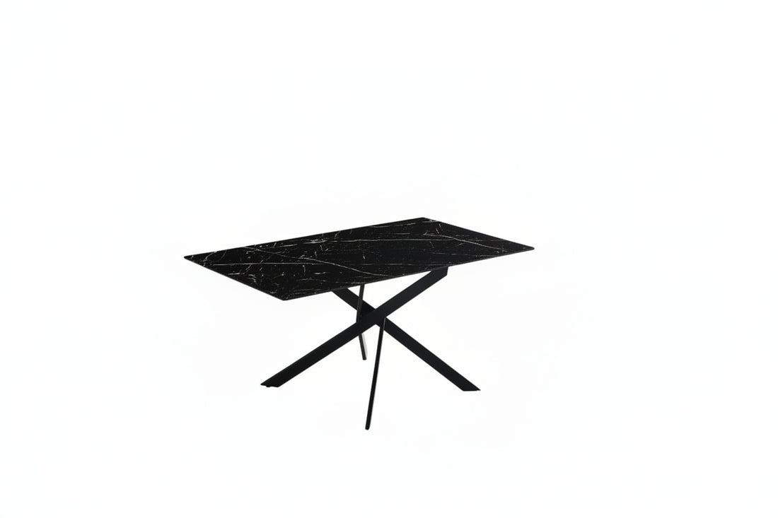 Table Repas JESSICA XXL Métal noir et plateau en verre MARBRE NOIR 180 cm 6 à 8 couverts