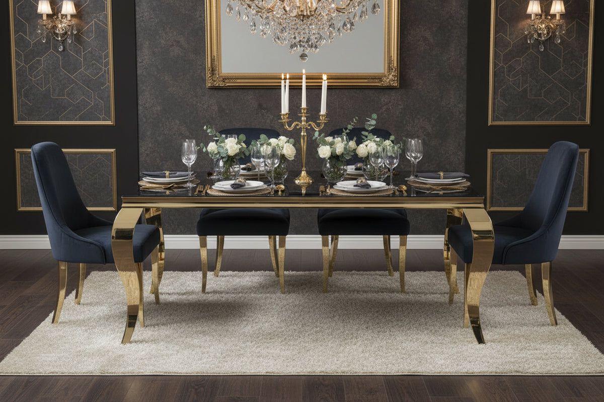 Table à manger BAROQUE 4 à 6 couverts pieds gold plateau en verre 150x90 cm #couleur_marbré-noir