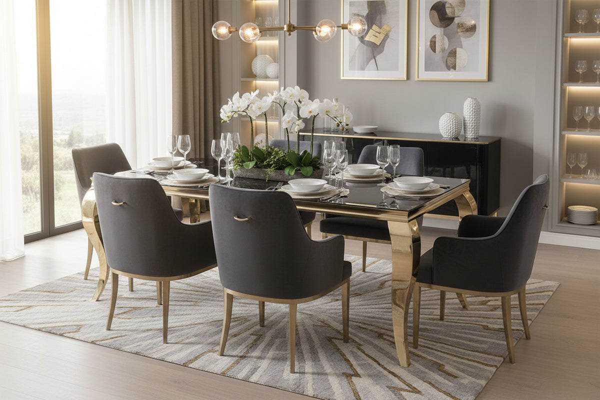 Table à manger verre marbre noir gold 150x90 cm BAROQUE