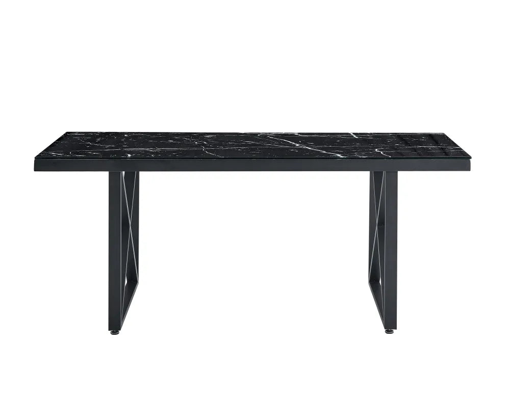 Table repas LEVANTO métal noir plateau en verre trempé #couleur_marbré-noir