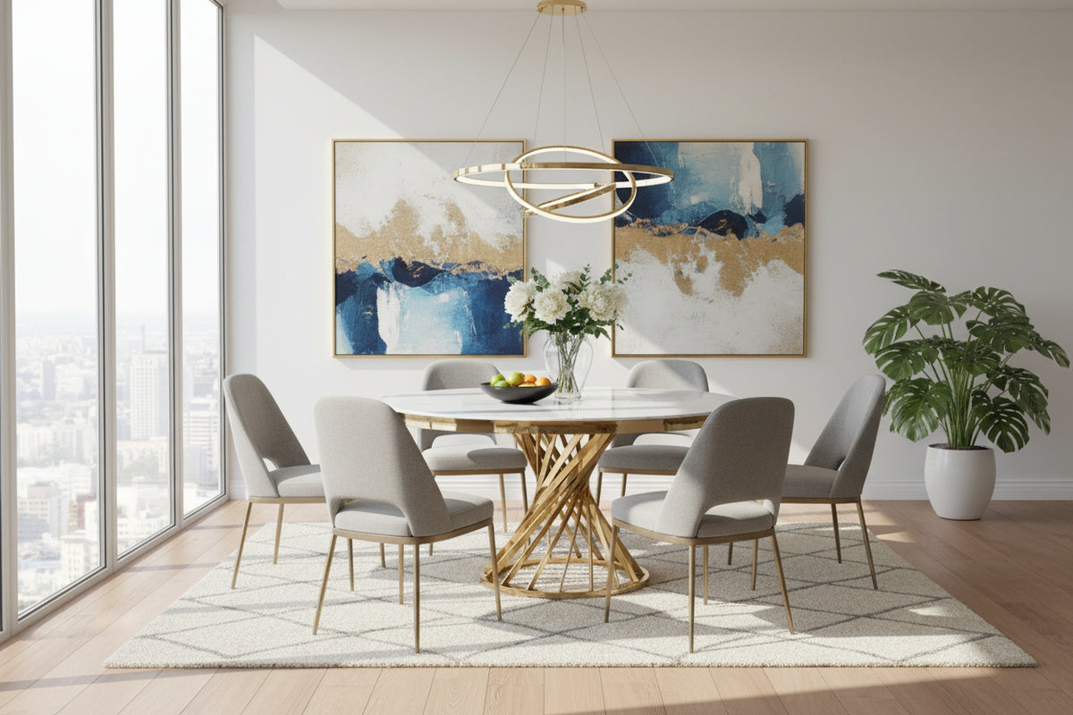 Table à manger ronde en verre trempé effet marbre blanc Chrome - NAUTILUS#couleur_marbréblanc_Gold