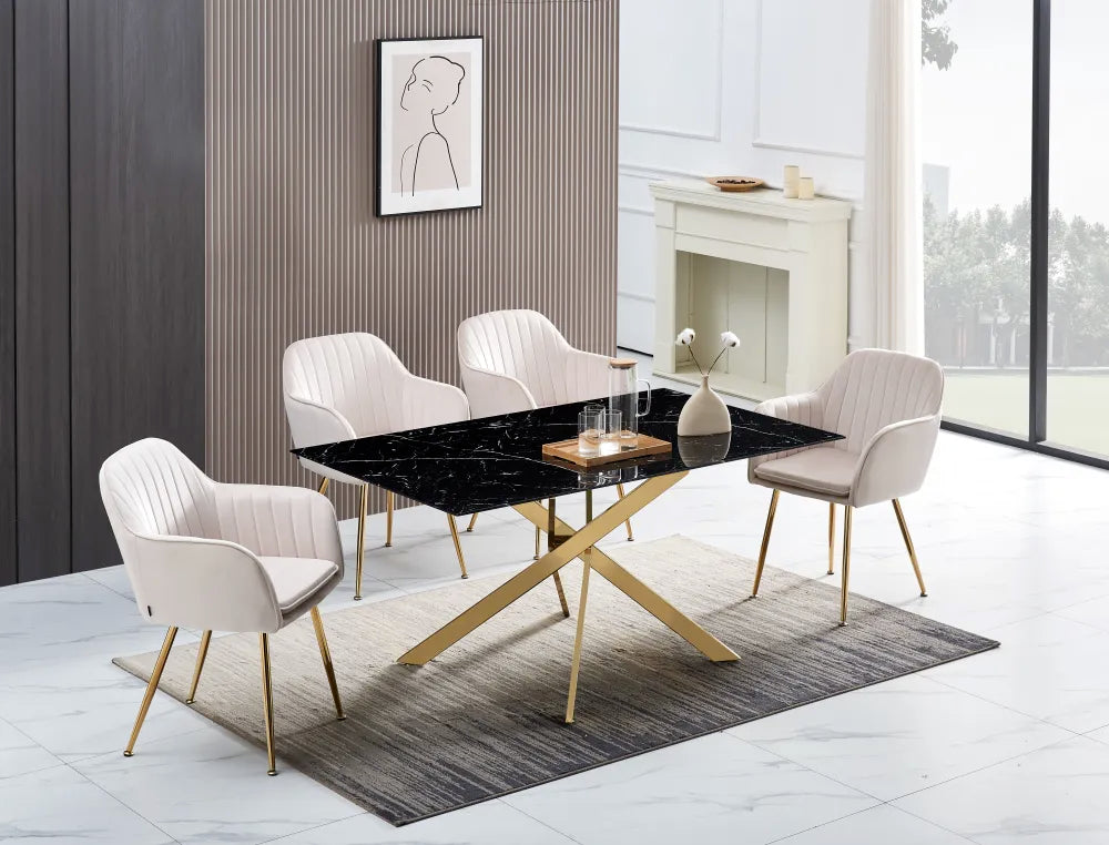 Table Repas JESSICA Gold et plateau en verre 150 cm 4 à 6 couverts - Effet marbré noir