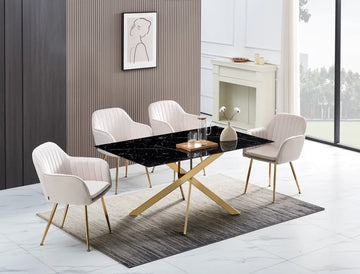 Table Repas JESSICA XXL Gold et plateau en verre MARBRE NOIR 180 cm 6 à 8 couverts