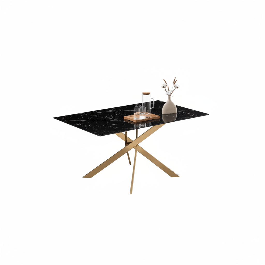 Table Repas JESSICA XXL Gold et plateau en verre MARBRE NOIR 180 cm 6 à 8 couverts